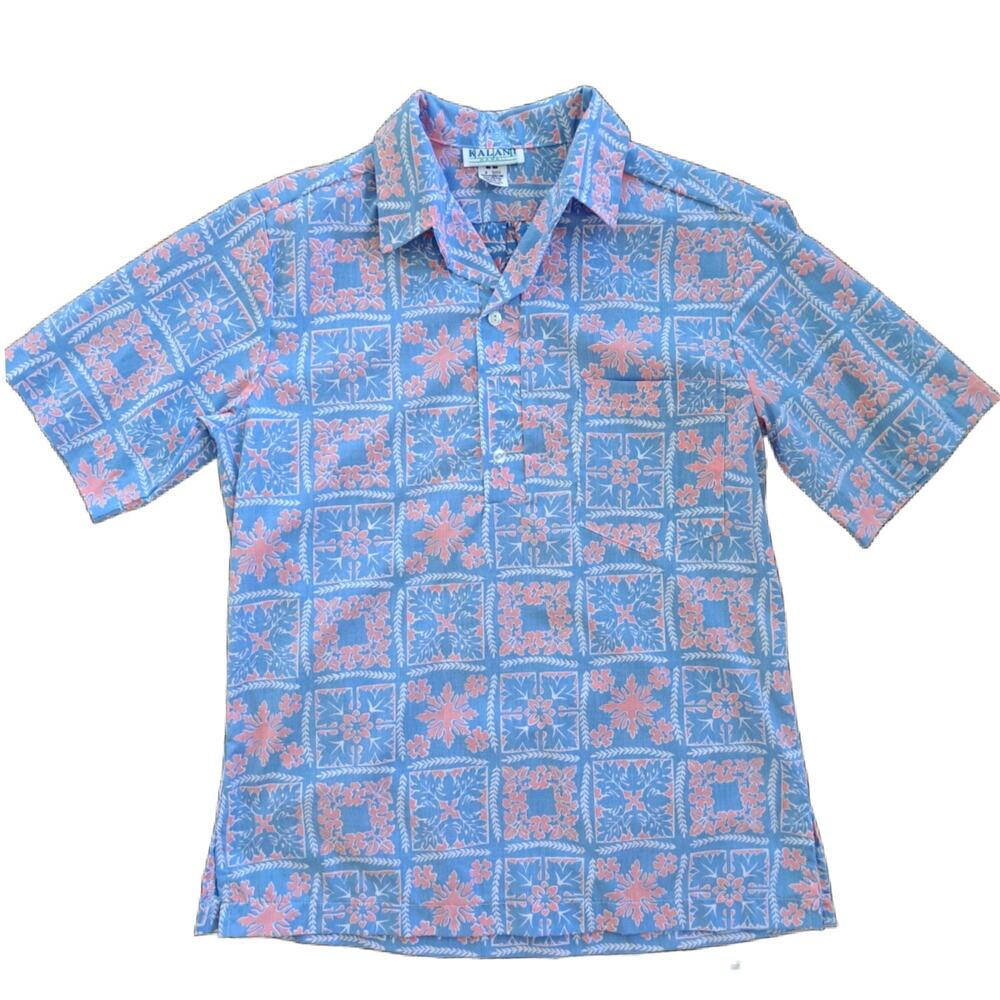 Mens Vintage Hawaiian Aloha Shirt Medium Kalani Pullover Collar Blue Pink